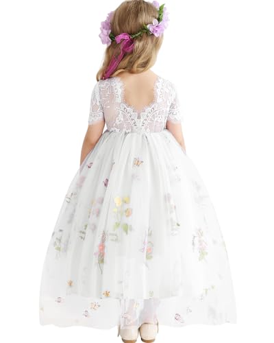 Fiore Vestito per Ragazze Abito in Tulle Abito Pizzo Indietro Principessa Compleanno Tutu Tulle Vestito Cerimonia...