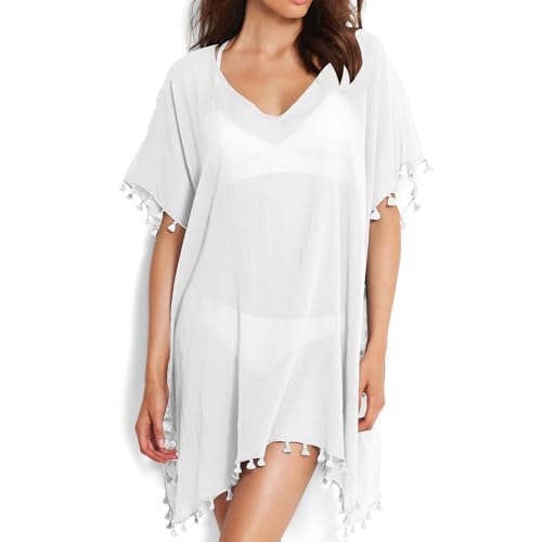 Damen Strandponcho Sommer Bikini Badeanzug Cover Up Strandkleid mit Quasten Boho Strand Tunika Bikini Beachwear Cover-Ups für Sommerstrand,...