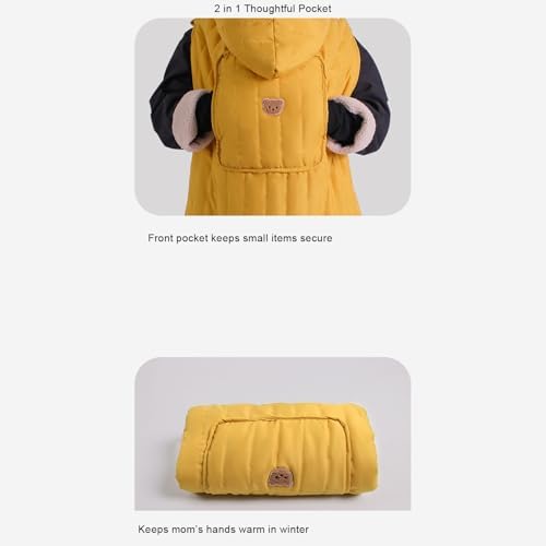 ciciglow Baby Carrier Cover, Windproof Bunting Bag with Soft Plush Lining, Infant Blanket with Multipurpose Pockets for Car Seats and Strollers, Suitable for All Seasons (Yellow with Bear Pattern) - 4