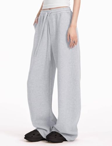 Womens Barrel Sweatpants Fleece Lined Wide Leg Sweat Pants Cotton Elastic Waisted Trousers with Pockets4