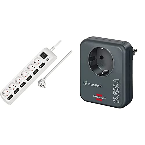 Brennenstuhl Steckdosenleiste einzeln schaltbar 6-Fach mit 2-poligen Schaltern (mit 1xHauptschalter und 6xGeräteschalter, 2m Kabel) weiß & Steckdosenadapter mit Überspannungsschutz 13.500 A anthrazit