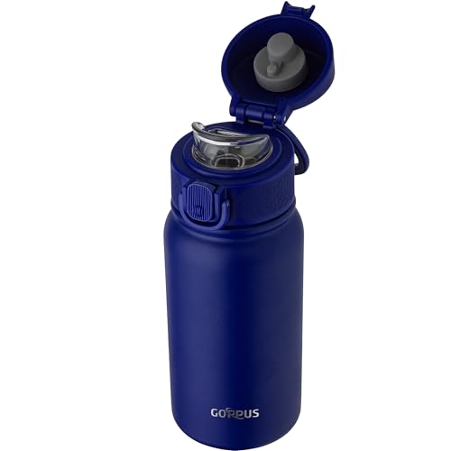 Image of GOPPUS Kids 12oz Insulated Stainless Steel Water Bottle, Leakproof Vacuum Tumbler with Carry Handle, Fits Cup Holders, Reusable Water Bottle for School Outdoor, Boys & Girls(Dark blue)