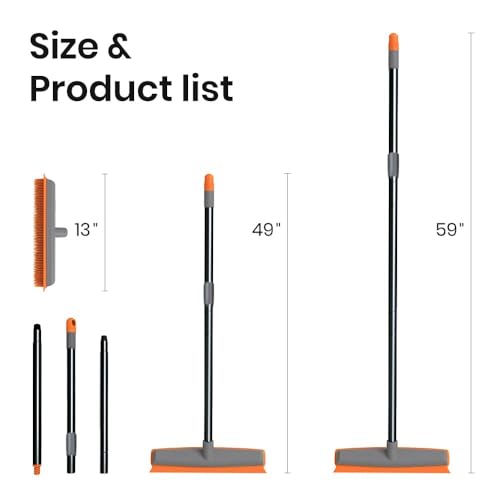 TreeLen Gummibesen Teppichrechen Tierhaarentferner Besen mit Abzieher Verlängerungs-Schiebebesen für Teppich, Hartholzböden, Fliesen und Fensterreinigung, Orange