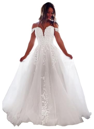 A-line Off Shoulder V Neck Wedding Dresses for Bride Plus Size Lace Appliques Tulle Bridal Gowns