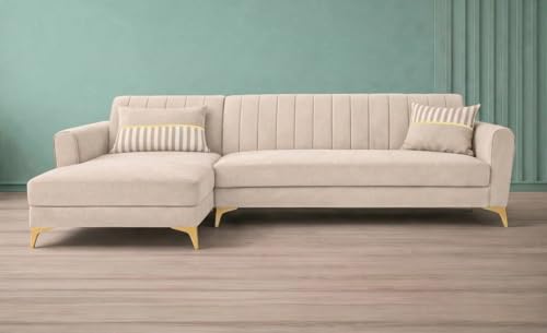 Image of Adorn India Premium Luster 6 Seater L Shape Sofa Set | Velvet Suede Fabric | 3-Year Warranty | LHS |Color Cream with Golden Legs & Striped Pattern Cushion