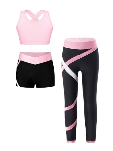 Kids Girls 3Pcs Dance Sports Outfits Crop Top With Booty Shorts and Athletic Leggings Tracksuit Set