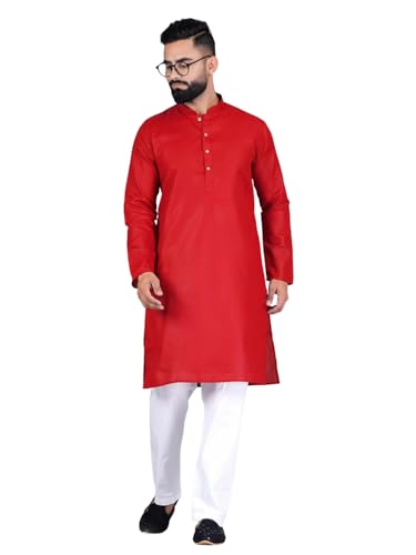 Image of Pinkmint Kurta for Men Cotton Mandarin Collar Long Sleeve Soild Traditional Kurta Festival Kurta