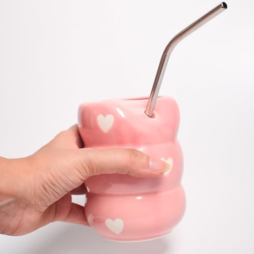 Image of Pink Heart Ceramic Sip Bubble Tumbler with Stainless Steel Straw | Aesthetic, Handmade, Microwave Safe | 220 ML