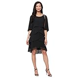 S.L. Fashions Women's Tiered Chiffon Cocktail Party Dress with Attached Cape & Beaded Shoulders, Black, 10