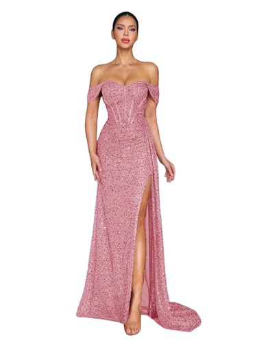 Bekvamlighet Off Shoulder Sequin Prom Dresses with Slit 2025 Women's Long Sheath Formal Evening Dress Party Gown4