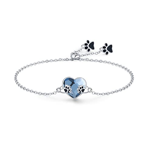 SOESON Paw Bracelet for Women 925 Sterling Silver Heart Crystal Dog Paw Bracelet Cute Animal Adjustable Birthday Christmas Jewellery Gifts