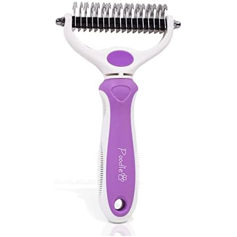 POODLIE Pet Grooming Dematter and Shedding Comb Tool, Twin-Blade Undercoat Rake for Cats and Dogs with Medium and Long Hair, Gentle on Pets with Sensitive Skin, Comfortable to Use Ergonomic Handles Cover