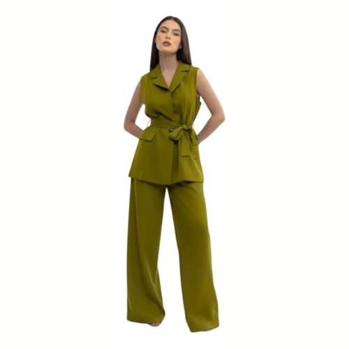 Conjunto Calça Pantalona social e Blazer colete feminino CON-0049 (BR, Alfa, GG, Regular, Regular, Verde Oliva)