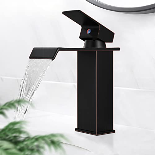 Bressqueen Oil Rubbed Bronze Waterfall Bathroom Faucet Brass One Handle 1 Hole Deck Mount with Large Rectangular Spout Sink Faucet Lavatory Vanities