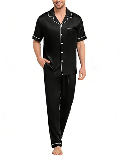 Image of SWOMOG Mens Silk Pajamas Set Satin Pj Set Short Sleeve Sleepwear Button Down Lounge Set with Drawstring & Pockets S-3XL