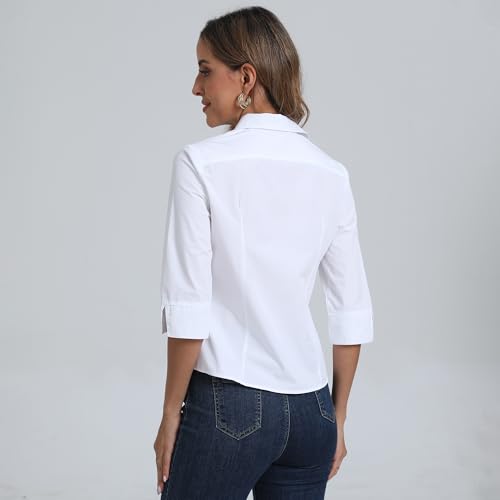 SUNNOW Women's Button Down Shirt Tailored 3/4 Sleeve Slim Fit Non Iron Wrinkle Free Basic Formal Work Blouses4