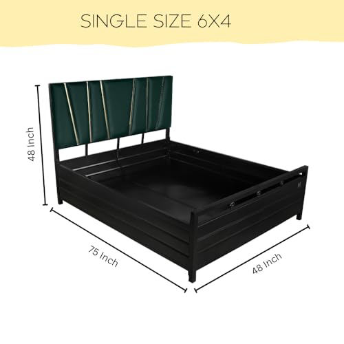 Image of Furniture Beliza Metal Bed Frame with Hydraulic Storage, Single Size Platform Bed, Bed with Storage, Iron Bed Frame - Black (Pine Headboard) (Single Size 6X4 Without Mattress)