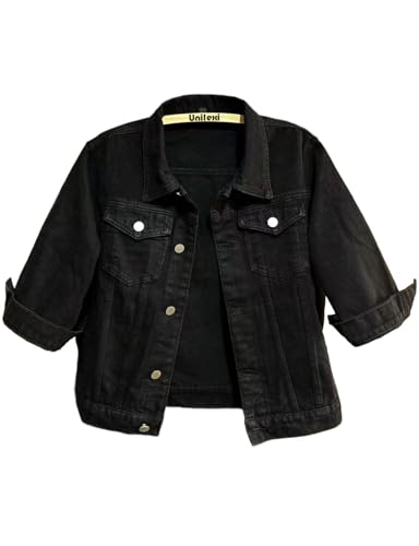 Unilexi Women's 3/4 Sleeve Colored Cropped Denim Jacket Light Wash Short Jean Jacket Trucker Coat(0096-Black-L)