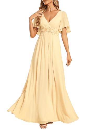 Image of Ever-Pretty Women's Spring Short Sleeve Bridesmaid Dresses V-Neck Chiffon Ruched Empire Waist Appliques Long Formal Dress