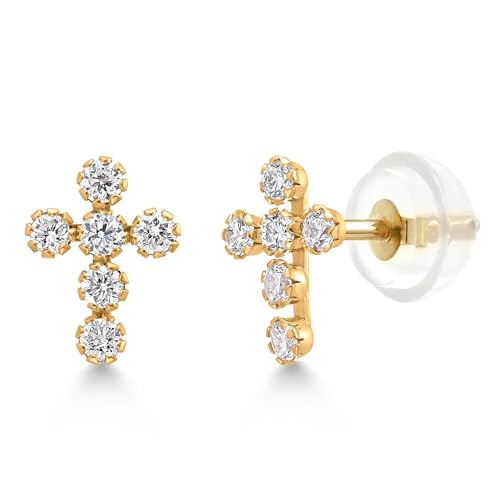 Gem Stone King 14K Gold Cross Stud Earrings | Jesus Christian Religious Crucifix Jewelry Earrings | Lab Grown Diamond Created Ruby or Created Sapphire Gold Earrings For Women Men