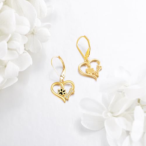 14k Real Gold Paw Print Earrings Hypoallergenic Heart Dangle Leverback Earring Dog Cat Lovers Jewelry Birthday Gifts for Women Teen Girls3