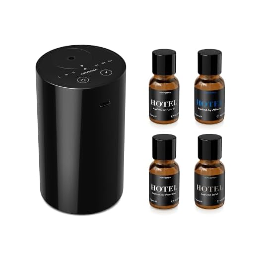 Airversa Waterless Essential Oil Diffuser Starter Kit with 4 x 10mL Hotel Scent Fragrance Oil, Battery Operated Mini Scent Air Machine Portable Diffuser for Home Car Office, AN8 Kit Black