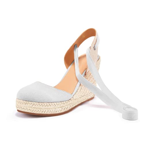 Sandália feminina espadrille cunha, bico fechado, cadarço, plataforma, envoltório no tornozelo, sapa