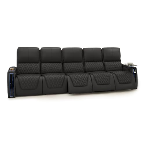 Image of Seatcraft Apex Black Italian Leather Home Theater Seating, Zero Gravity Power Recliner, Powered Headrest and Lumbar Gaming and Home Office Chair, Lounge Sofa Furniture for Cinema Room, Row of 5 Sofa