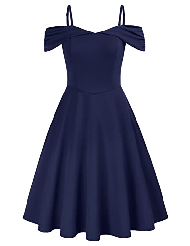 Belle Poque Vintage Blue Off Shoulder Dress For Womens A-Line Swing Cocktail Dress Knee Length Spaghetti Strap Dress Vacation Party Dresses Navy Blue M #TOP5