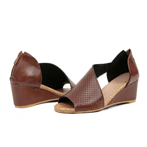 getmorebeauty Women's Side Cutout Wedge Sandals Back Zipper Open Toe Slides Breathable Hollow Mid Heel Summer Shoes2
