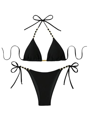 GORGLITTER Women's String Bikini Bead Triangle Swim Top and Tie Side Thong Cheeky Bathing Swimwear