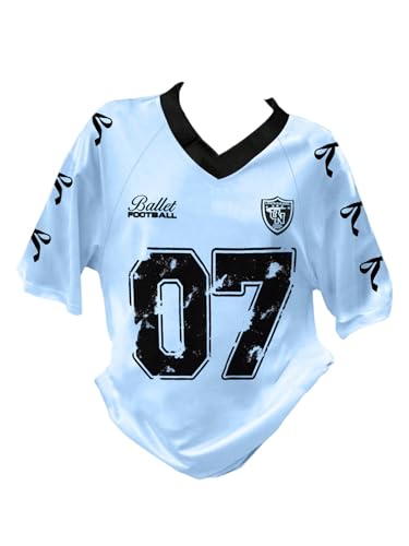 Image of RoseSeek Girl's Jersey Y2K Oversized Graphic Number Print Tops V Neck Short Sleeve T Shirt Hip Pop Tee Streetwear