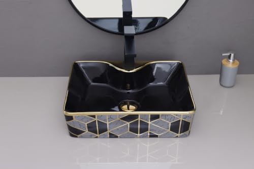 Image of HARDSTONE Black & Gold Ceramic Wash Basin 19x15x5 Inches