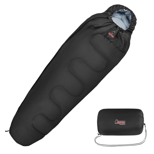 ALPIDEX Schlafsack Mumienschlafsack 4 Jahreszeiten 225 x 80 cm -17° C 400 GSM Kleines Packmaß Ultraleicht Reise Camping Trekking Outdoor Sleeping Bag Warm, Farbe:Schwarz, Reißverschluss:rechts