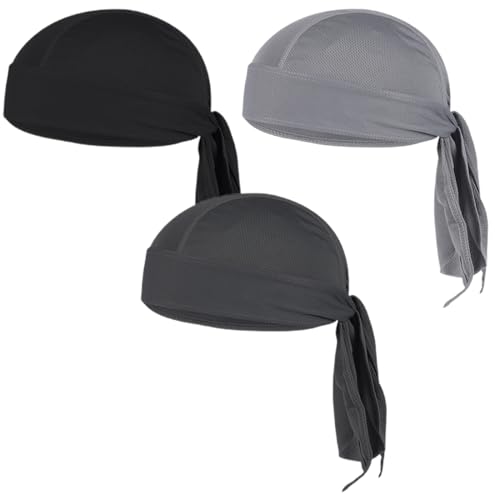 WUSJCOF 3 Piezas Pañuelo Cabeza Hombre, Durag Hombre Transpirable, Pañuelo Pirata para Ciclismo, Cocina, Excursiones, Senderismo, Bicicleta, Moto, Barco, Secado Rápido (Negro, Gris, Gris Oscuro)
