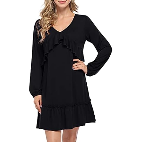MISSKY Babydoll Dress for Women V Neck Ruffle Tiered Dresses Long Sleeve Swing Shift Dress, Black, XX-Large Cover