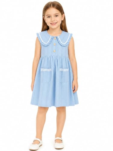 Image of HILEELANG Girls Cotton Dress Sleeveless Peter Pan Collar with Pockets