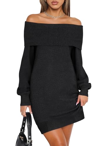 ANRABESS Womens Off The Shoulder Sweater Dress Casual Loose Knit 2025 Fall Winter Trendy Long Sleeve Pullover Mini Dresses Black M
