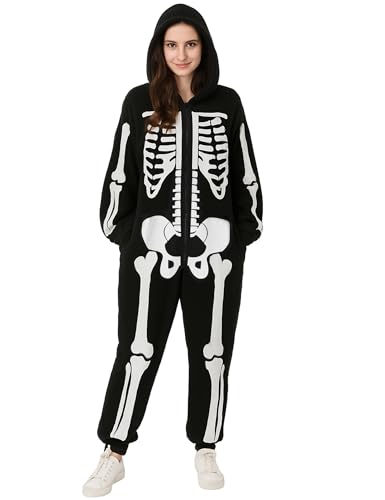 Wabolay Skeleton Costume Adult Women Onesie Pajamas Cozy Halloween Costumes Outfit Suit Hoodie for Womens One Piece Jumpsuit M