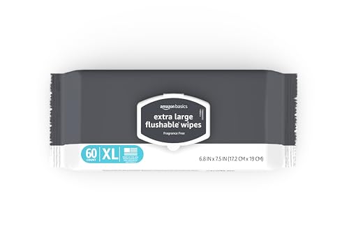 Amazon Basics Extra Large Flushable Wipes, Fragrance Free, pH Balanced, with Vitamin E & Aloe, Hypoallergenic, 360 Wipes, 6 Packs of 60, Resealable Closure