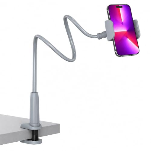 Image of MAGIPEA Gooseneck Phone Holder for Bed, Flexible Overhead Cell Phone Mount for Desk, Hands-Free Viewing Clamp Stand Compatible with iPhone 17 16 15 Pro Max and 3.5-7 inch Devices, Gray