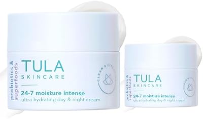 TULA 24-7 Moisture Intense Ultra Hydrating Cream Travel Duo 0.5 oz & 0.5 oz | Prebiotic extracts, peptides & pressed oils deliver intense moisture, soothe dry skin & lock in a radiant 24-hour glow.