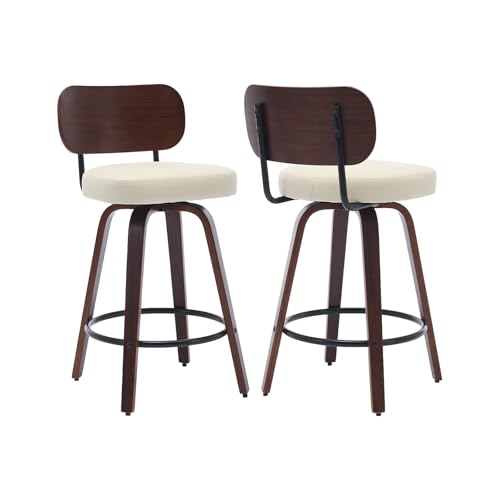 Image of Shenyon Counter Stools Set of 2, 26 inch Swivel Counter Height Bar Stools with Walnut Back,Upholstered PU Leather, Bentwood Legs, Mid Century Modern Bar Chairs for Kitchen Island, Beige