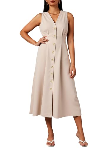 Women's Sleeveless Button Down Dresses Summer A Line Work Maxi Dress Formal Elegant Office Outfits