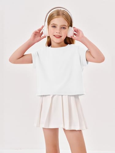 Haloumoning Girls Short Sleeve T-Shirts Crop Top Rolled Sleeve Round Neck Solid Loose Basic Tees for Summer2