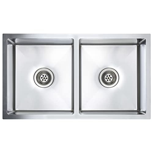 vidaXL Fregadero Cocina Hecho a Mano Doble Seno Grado Alimentario Diseño de 2 Seno Extraprofundo Flujo Rápido Acero Inoxidable
