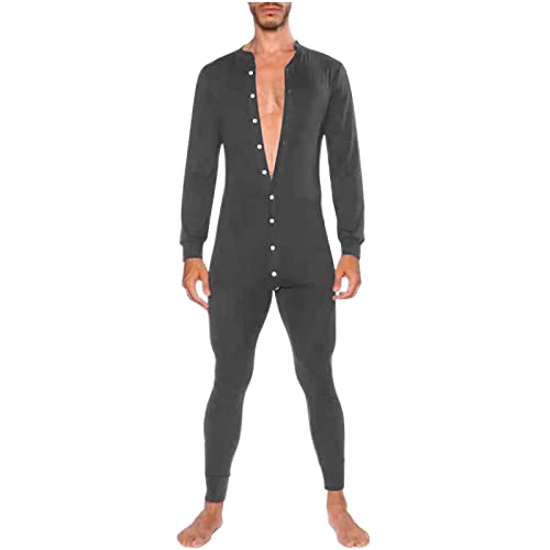 Cambkatl Mens Sexy Flap Butt Onesie One Piece Jumpsuit Pajamas V Neck Long Sleeve Henley Sleepshirt Rompers Novelty Pjs
