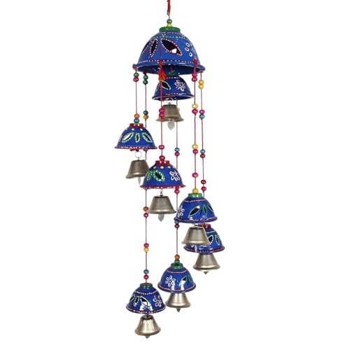 Image of Bindian Rajasthani Handcrafted 8-Bell Hanging Windchimes | Traditional Plastic Latkan for Home Decor, Vastu & Positive Energy | Elegant Wall Hanging for Balcony, Living Room (Blue-2)