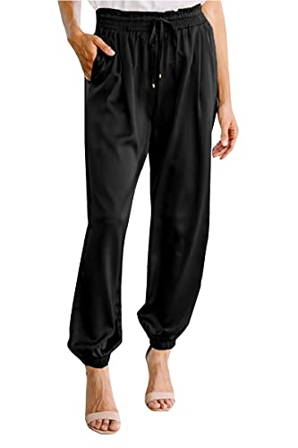 Grlasen Women Satin Joggers High Waist Loose Sweatpants Casual Solid Color Trousers Black