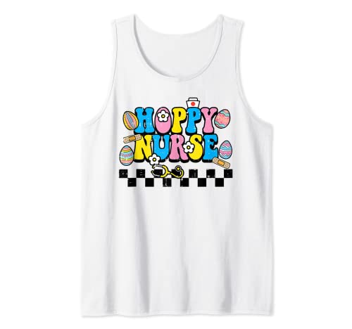 Hoppy Nurse Happy Easter Retro Groovy Scrub Top para mujeres y hombres Camiseta sin Mangas